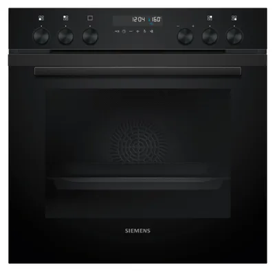 A front view of a black built-in oven.