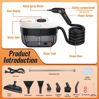 Image de Nettoyeur vapeur portatif haute pression - 2500 W - Réservoir d'eau de 1600 ml - Température élevée - Idéal pour la cuisine, la voiture et la climatisation - Blanc