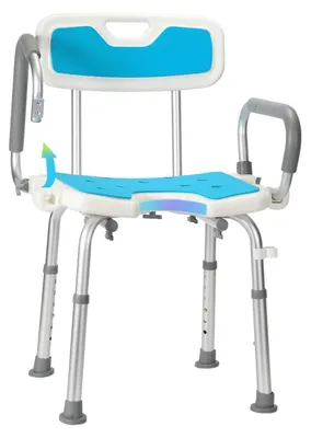 Obrázek produktu pro Skládací stolička do sprchy s nastavitelnou výškou, s područkami a opěradlem, bílá, hliník/HDPE, nosnost do 136 kg