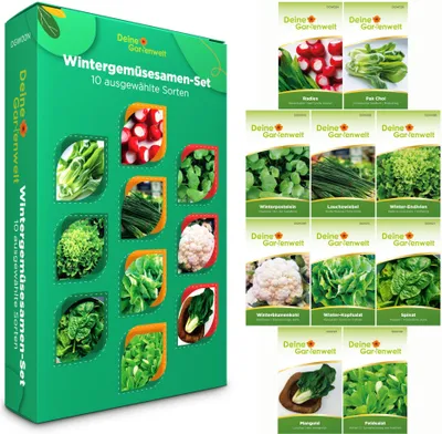 A collage of a green box containing seed packets for winter vegetables, with individual seed packet images displayed around it.