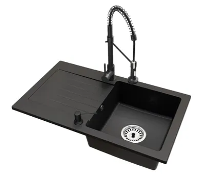 Produktbild von Granit Küchenspüle LEON Einbecken mit Abtropffläche inkl. Armatur Spiral Schwarz, Seifenspender und Raumsparsiphon