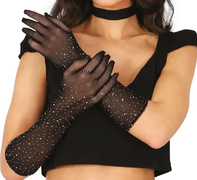 Produktbild von Schwarze Mesh-Handschuhe lang mit Disco-Retro-Kristallen 30cm