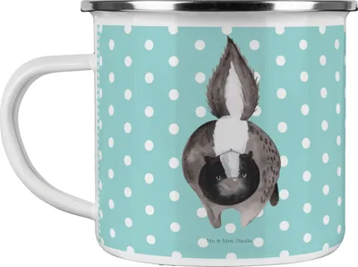 Produktbild von Mr. & Mrs. Panda Emaille Tasse Stinktier Angriff - Türkis Pastell - Geschenk, Raubtier, Wildtier, Teetasse, Haferl, Skunk, blechbecher, wütend, Stinki, Becher, Pott