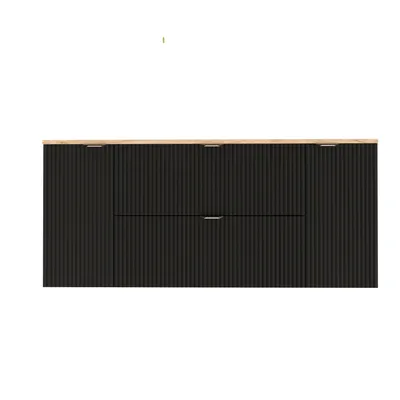 A black vanity unit with a wooden top and ribbed fronts, presented against a white background.
