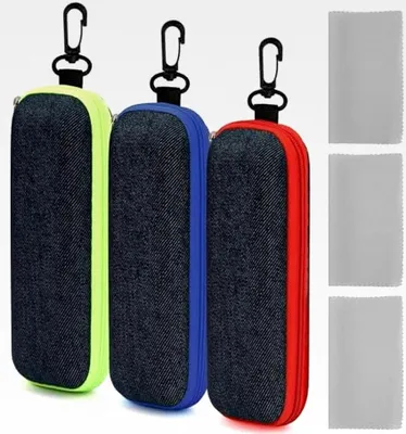 Produktbild von 3er Set Brillenetuis Hardcase, Sonnenbrillenetui aus Denim-Stoff mit Karabiner und 3 Reinigungstüchern, Brillentasche für Gläser, Schlüssel und Stifte