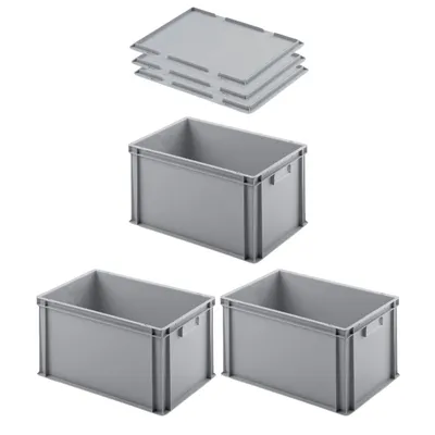 Produktbild von SuperSparSet 3x Eurobehälter mit geschlossenem Griff & Auflagedeckel | HxBxT 32x40x60cm | 56 Liter | Grau | Eurobox, Transportbox, Transportbehälter, Stapelbehälter