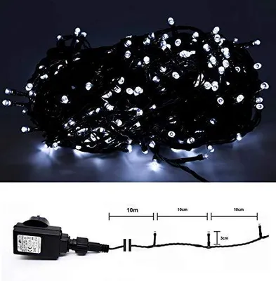 Lichterkette 200 kaltweiße LEDs, grünes Kabel, 10 m, IP44