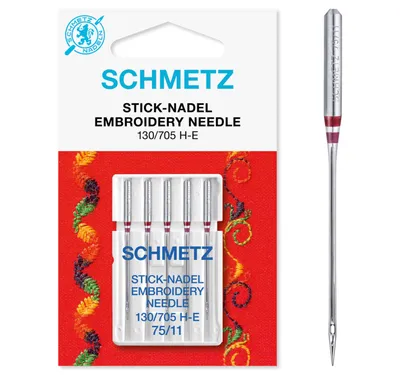 A package of Schmetz embroidery needles and a single needle shown separately.