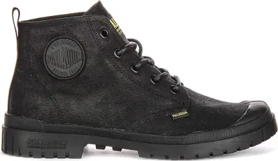 A studio shot of a black Palladium boot.