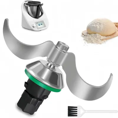 A collage of a food processor, a dough mixer attachment, a ball of dough, and a cleaning brush.