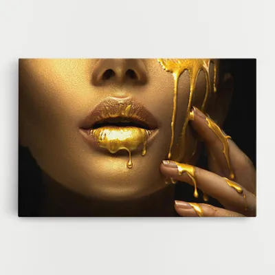 Produktbild von ARTHUB® Leinwandbild 80x120 cm, Golden Lips | Wohnzimmerdekoration, Hängende Bilder, Wanddekoration, Heimdekoration, Frauen, Schwarz und Gold