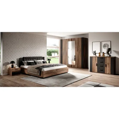 Produktbild von Schlafzimmer Set inkl. Bett und Lattenrost, Liegefläche 180 x 200 cm SOLMS-83 in Flagstaf Eiche dunkel Nb. und kupferrot, kombiniert mit schwarz