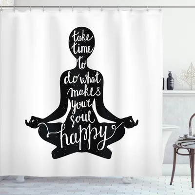 Immagine prodotto di Tenda da doccia ABAKUHAUS Yoga, silhouette nera con citazione sul tempo e l'anima, ispirazione, felicità, pratica, 175 x 200 cm, bianco e nero