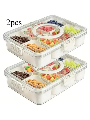 Image de 2 pièces Bol à snack avec couvercle ,Assiette à snack avec 8 compartiments Boîte de rangement pour snacks,Boîte chauffante pour aliments, sans BPA,Boîtes à lunch.