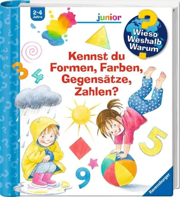 A children's book cover featuring illustrations of children, numbers, shapes, and weather elements.