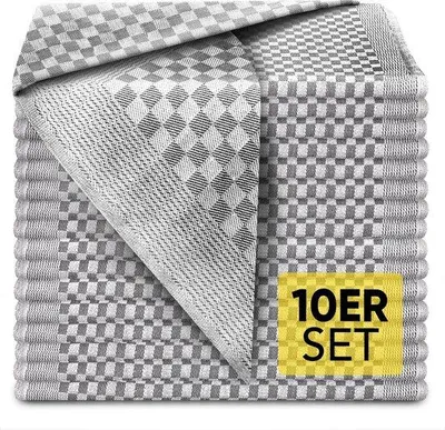 Imagen del producto de Uniqoos® Juego de 10 paños de cocina, 70 x 50 cm – 100% algodón, estampado a cuadros gris y blanco, paños absorbentes para la cocina, certificado Standard 100