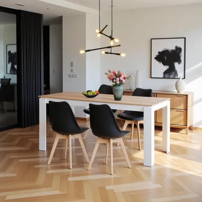 Image de Ensemble de table et chaises : table en chêne et blanc de 160 cm avec 4 chaises noires