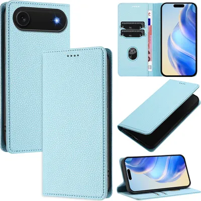 Produktbild von Litchi Leder Handyhülle für iPhone Air Wallet Kartenfächer Standfunktion Hülle Hellblau