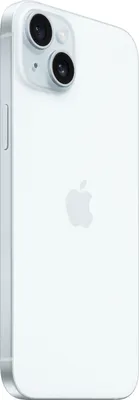 A white iPhone 15 Plus is shown from a diagonal rear view.
