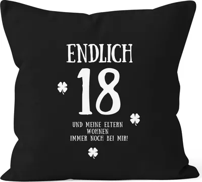 Produktbild von Kissenbezug Endlich 18 zum Geschenk zum 18. Geburtstag Kissen-Hülle Deko-Kissen 40x40 Baumwolle MoonWorks® schwarz unisize