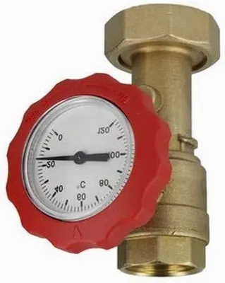 Produktbild von Kugelhahn mit Thermometer, 1" IG x 1 1/2", rot, Präzisionsinstrument für Temperaturmessung