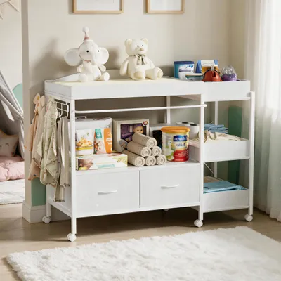 Produktbild von Wickelkommode mit Rollen, Wickeltisch Baby mit 2 Schubladen und 3 Ablagefächern, Weiß, 118 x 48 x 83,7 cm