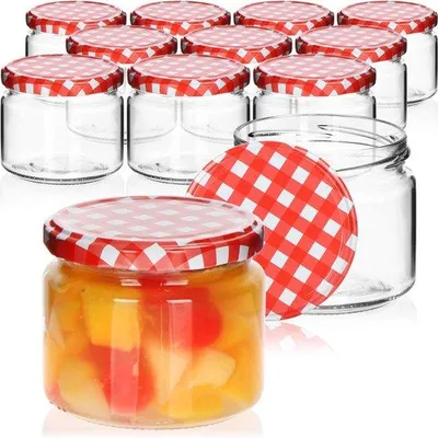 Immagine prodotto di Set di 12 vasetti Unyqoos® da 330 ml, ideali per la conservazione, con coperchio a vite rosso e bianco a quadretti, realizzati in vetro e metallo, con dimensioni di 85×76 mm