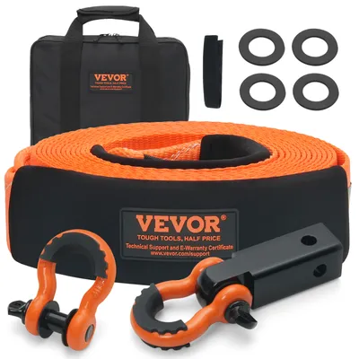 A set of towing and recovery equipment, including a tow strap, shackle hitch receiver, and D-ring shackles, neatly arranged on a white background.