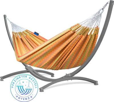 Produktbild von Potenza Outdoor Hängematte mit Verzinkter Gestell für 2 Personen I 100% Baumwolle Morena Doppelhängematte 230x160 cm, 220kg I Grau Hängemattengestell 220kg, wetterfest