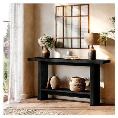 Produktbild von Schmaler Konsolentisch, Flurtisch mit 2 Ablagen, 140 x 30 x 80 cm, Holz hinter der Couch für Wohnzimmer, Flur, Eingang, Schwarz