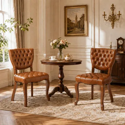 2er-Set Esszimmerstühle, Kunstleder, Massivholzbeine, braun