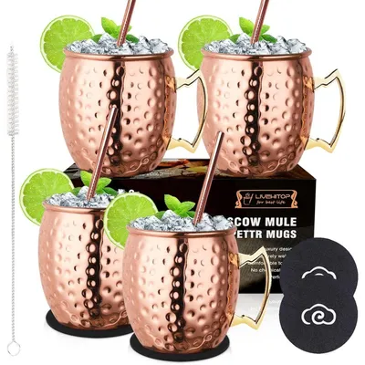 Immagine prodotto di Set di 4 bicchieri per Moscow Mule, capacità 19,5 oz, in rame con interno in acciaio inossidabile, lavorazione artigianale, design vintage, con sottobicchieri inclusi