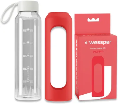 Obrázok produktu pre Fľaša na pitie 500 ml, borosilikátové sklo, silikónový obal, časová značka, pre fitness