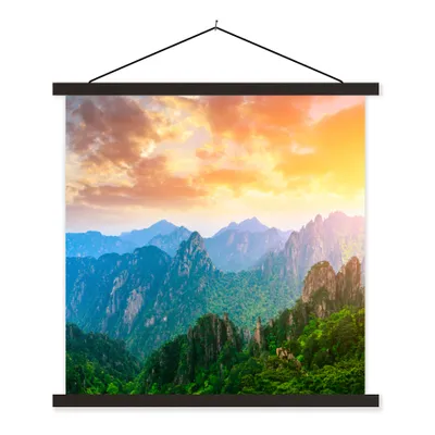 Produktbild von MuchoWow® Textilposter Berge - Bäume - Sonnenuntergang - Natur 40x40 cm mit schwarzem Rahmen - Fotos