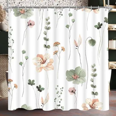 Obrázek produktu pro Ibenzoa® sprchový závěs, 180 x 200 cm – světle zelený s květinovým vzorem, polyester, 12 háčků, zátěžový lem, odolný proti plísním a vodě