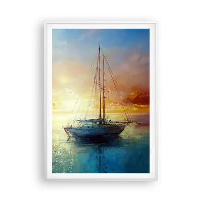 Produktbild von Gerahmtes Poster - Weißer Rahmen - Segelboot Westen die Sonne - 70x100 cm - Wand Bild - Wanddeko - Wandbilder - Wandposter - Bilderrahmen - Bilder - Kunstdruck - Wandbild - P2WPA70x100-4145