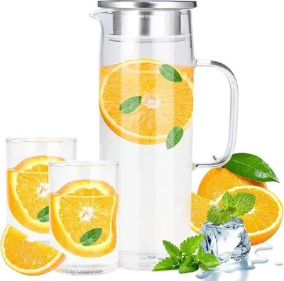 Produktbild von Glas-Karaffe mit Deckel, 1,4 l, Borosilikat, 2 Gläser