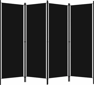 A black four-panel room divider is shown against a white background.