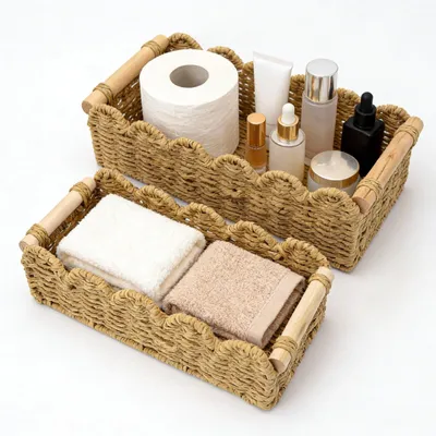 Immagine prodotto di 2 cesti in rattan per cassettiera da fasciatoio - Cesti decorativi con maniglie in legno