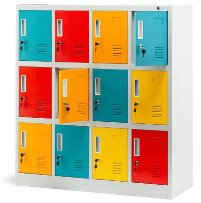 Produktbild von Schließfachschrank Spind für Kindergarten OLA 12 Fächer Etikettenhalter | Umkleideschrank Metall Kleiderspind 120x109x45cm Mehrfarbig