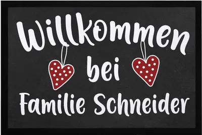 Produktbild von Fußmatte mit Spruch Willkommen bei Familie und anpassbarer Wunschname mit Herz rutschfest & waschbar SpecialMe® weiß 60x40cm