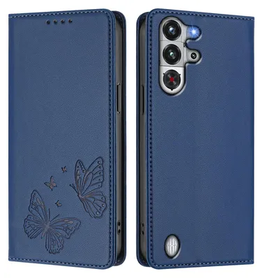 Produktbild von Lederhülle für ZTE nubia RedMagic 10 Pro, Schmetterling Prägung Leder Brieftasche Schutzhülle mit Ständer Dunkelblau
