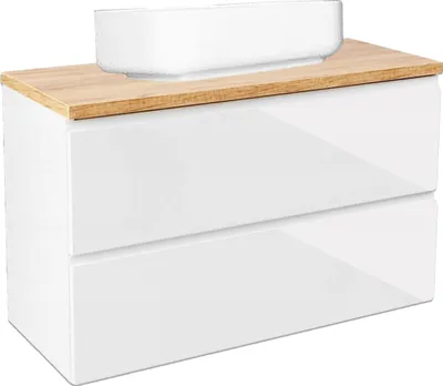 A white bathroom cabinet with a wooden top and a white sink on top, shown against a white background.