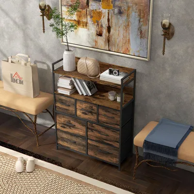 Image de Commode en tissu à 7 tiroirs, armoire pliante avec étagères, meuble de rangement en polyester, brun rustique | 79 x 29 x 101 cm | Structure en acier | 14 kg