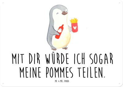 Produktbild von Mr. & Mrs. Panda tafel Pinguin Pommes DIN A4 - Weiß - Geschenk, Blechschild, Türschild, Valentinstag, für Frauen, Mitbringsel, Partner, Schild, Metall, Freundin, Wandbild
