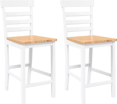 Two white and wood bar stools are shown against a white background.