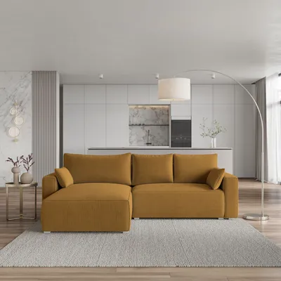 Produktbild von Masseno Ecksofa FORIL P mit Schlaffunktion L-Form, Sofa mit Bettkasten, Wohnzimmersofa, Couch, Soffa, Bettsofa, Couchgarnitur- Gelb, POSO 01