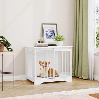 Imagen del producto de Jaula para perros de madera, color blanco, de 81 cm, ideal para perros pequeños y medianos, con puertas correderas