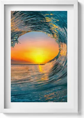 Produktbild von Wasserwelle bei Sonnenuntergang– Wandbild mit Rahmen – Gerahmtes Bild  – Wanddekoration – 40x60 cm – Weiß