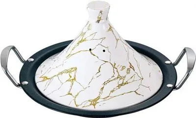Produktbild von Tajine, 34 cm, für Induktion. Marokkotopf. Edelstahl – Keramikdeckel – Weiß, Gold. Royal Swiss®